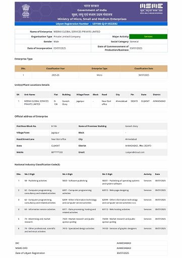 WebNX Global Services MSME Udyam Registration Certificate