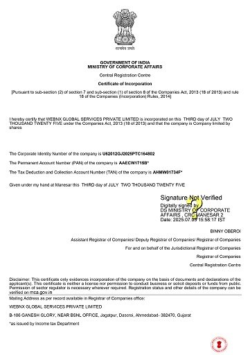 Certificate of Incorporation of WebNX Global Services Pvt. Ltd. issued by Ministry of Corporate Affairs (MCA), Government of India.