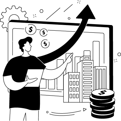 Illustration of real estate buildings with digital overlays showing virtual tours, online transactions, and analytics icons.
