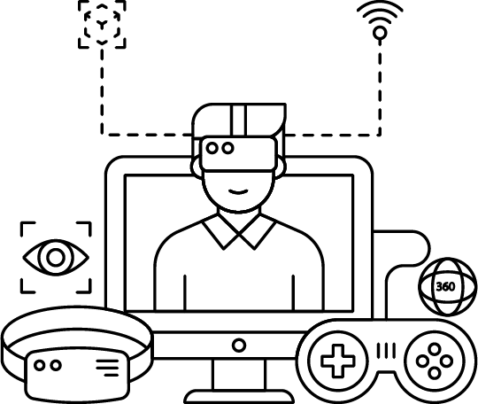 Vector illustration showing AR/VR headset, IoT-connected devices, and blockchain chain nodes symbolizing immersive experiences, smart ecosystems, and decentralized trust.