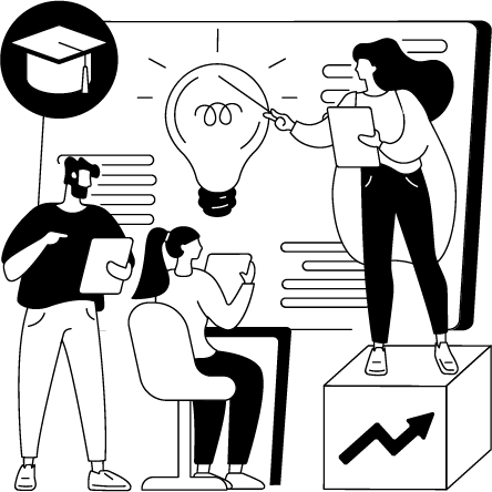 Illustration of students accessing digital learning platforms, a virtual classroom on a laptop, and researchers collaborating online, symbolizing personalized learning, remote access, and modernized research.