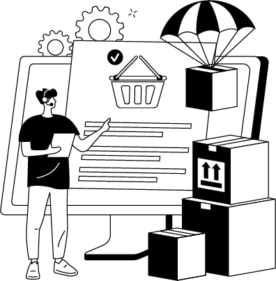 Illustration of online shopping, retail stores, and data analytics icons representing customer experience, omnichannel presence, and inventory optimization.